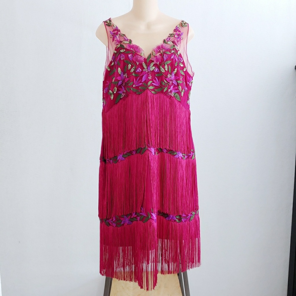 NWT Marchesa Fringe Embroidered Cocktail Dress - Picture 3 of 8